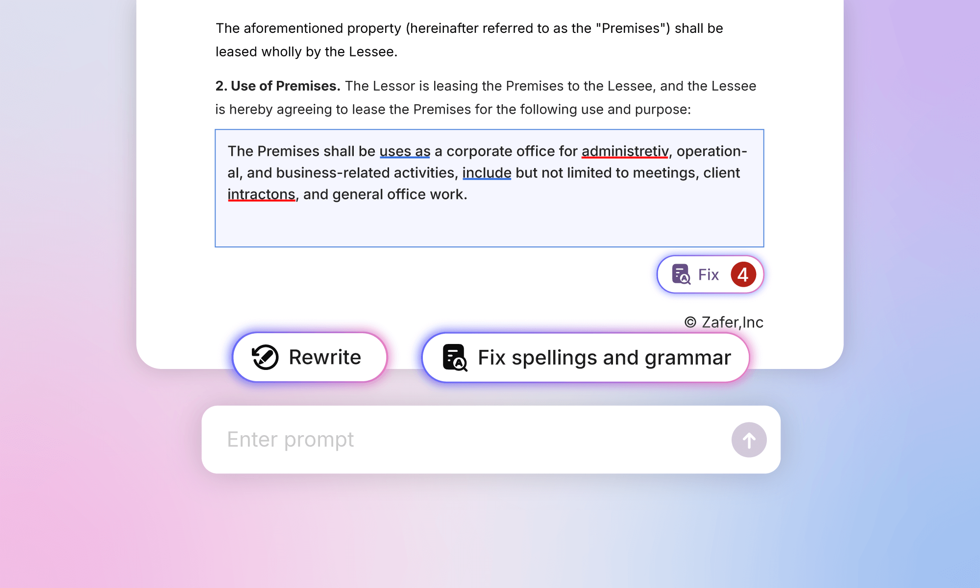 Ally AI writing assistant fixing spelling and grammar in document text