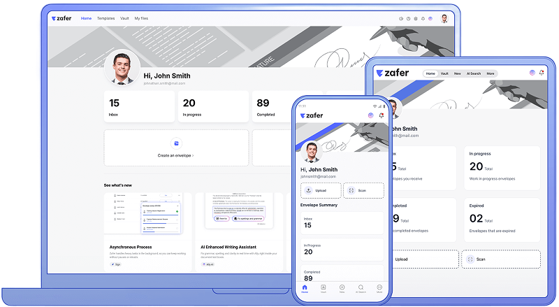 ZaferSign dashboard across web, tablet, and mobile