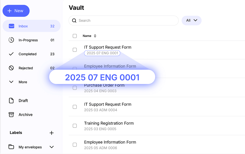 ZaferSign vault interface for searchable completed document records